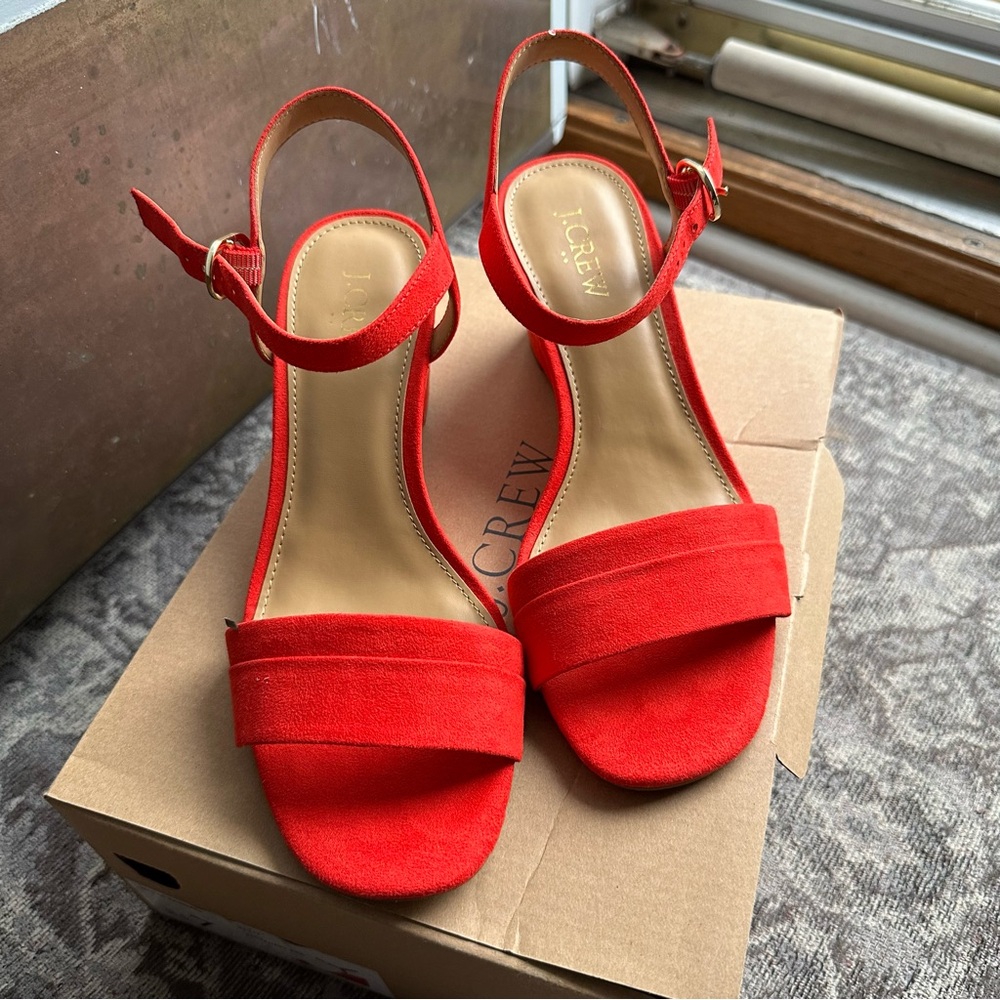 J. Crew Red Suede Wedge Sandals with Ankle Straps